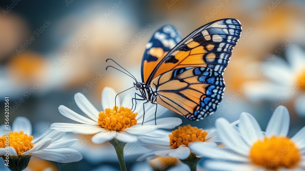 Obraz premium Close-up of a butterfly on a daisy flower.