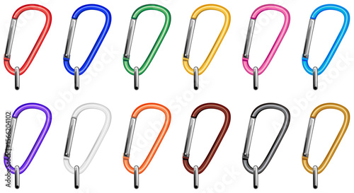 シンプルなカラビナのパーツ素材イラストカラーバリエーションセット／接続金具付き(Simple Carabiner Clip Parts Vector Illustration Color Variation Set (with Connector Fittings))