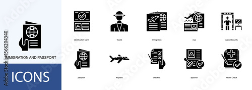 immigration and passport icon collection set. Containing Identification Card, Tourist, Immigration, visa, Airport Security, passport icon