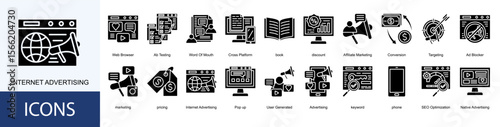Internet Advertising icon collection set. Containing Web Browser, Ab Testing, Word Of Mouth, Cross Platform, book, discount icon