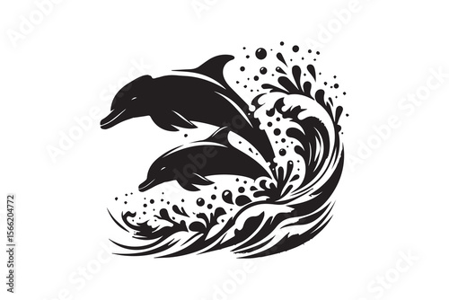 tropical palm trees, dolphins jumping in waves, minimalist silhouette style, blue sky background, 
black and white with blue accents, high contrast, simple geometric shapes, clean and modern design