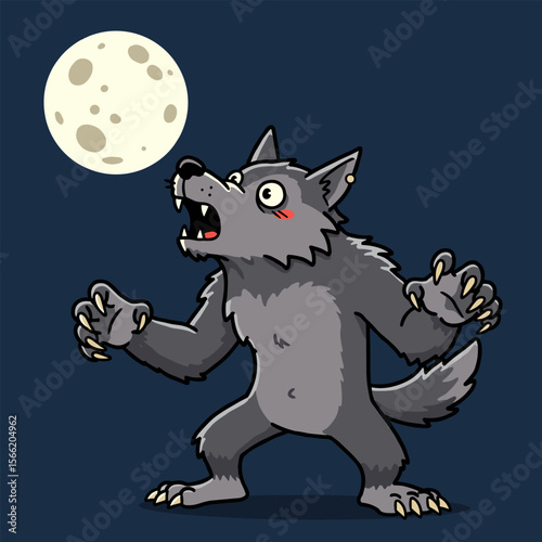 This cartoon werewolf with gray fur and wide yellow eyes stands under a glowing full moon, arms raised in a startled pose against a dark blue night sky — a quirky twist on classic monster vibes.