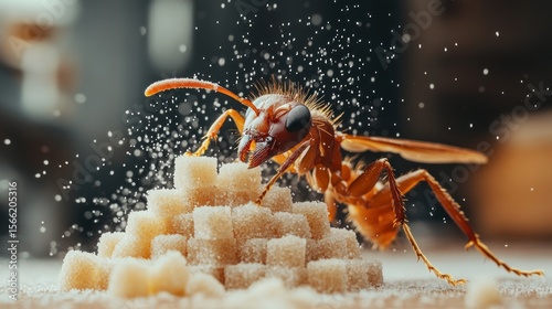 Close-up of an ant on a pile of sugar cubes.
