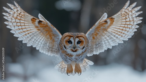 A tawny owl in flight, wings spread wide.