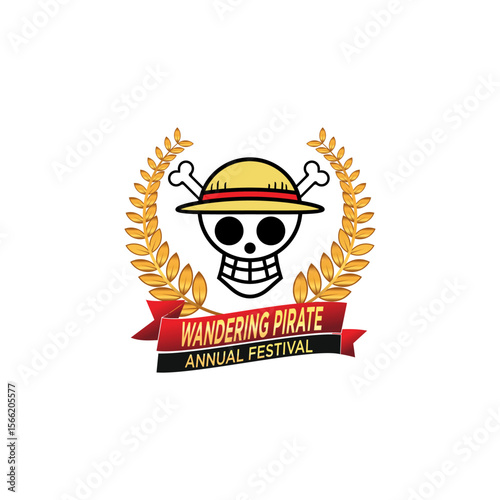 Straw Hat Skull Emblem with Laurel Wreath and Ribbon – Anime-Inspired Festival Vector