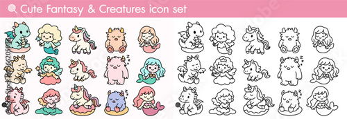 Flat Color and Outline Style of Cute fantasy creatures icons set featuring colorful dragons, unicorns, mermaids, and whimsical characters in playful poses