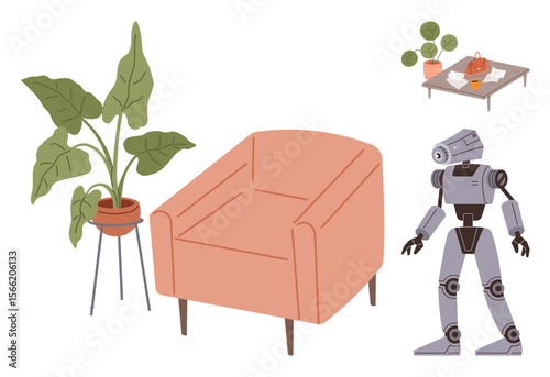 Cozy armchair, tall potted plant, humanoid robot, and coffee table with papers, decor, and plant. Ideal for home tech, AI interaction, innovation robotics furniture design decor modern lifestyle