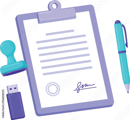 Contract agreement document signature with pen and stamp for business deal
