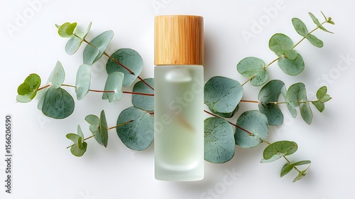 Minimalist beauty product with eucalyptus leaves and a wooden lid on white