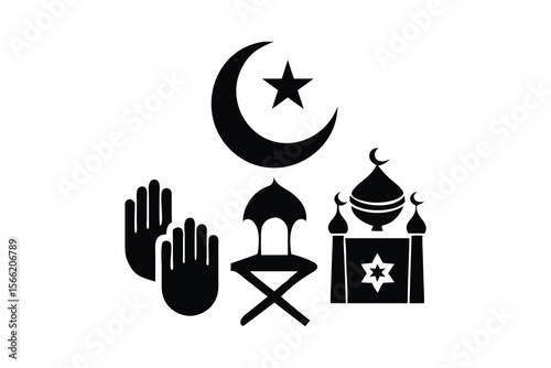 Islamic Faith Symbols: Crescent Moon, Star, Praying Hands, Mosque, and Minaret;  Black and White Minimalist Icon Set;  Spiritual, Peaceful, and Hopeful Design for Religious Observances.