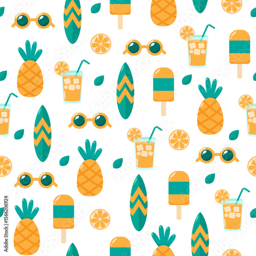 Bright summer seamless pattern with pineapples, sunglasses, skates, ice cream and cocktails. Perfect for textiles, web or print media.