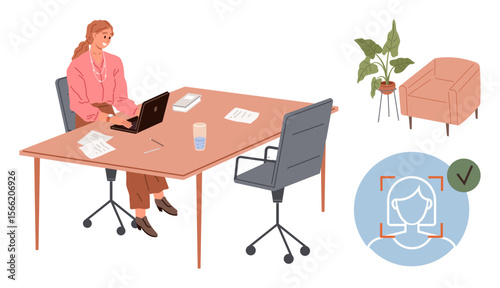 Woman at desk using laptop, papers and drink nearby. Modern office theme with chairs, plants, and face recognition concept. Ideal for business, technology, security, identity work productivity