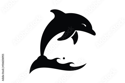 tropical palm trees, dolphins jumping in waves, minimalist silhouette style, blue sky background, 
black and white with blue accents, high contrast, simple geometric shapes, clean and modern design