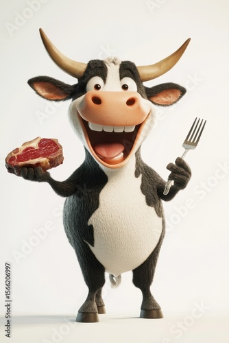 Happy cartoon cow holding a steak with a fork in a cheerful pose against a plain background