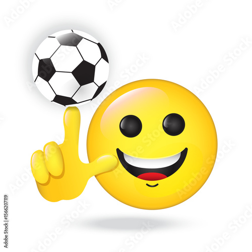 Football fan emoji. Vector emoticon smiles holding and spinning ball on the finger, plays with soccer ball. Yellow emoticon for internet chats, sports bars. Isolated icon for mobile apps, social media