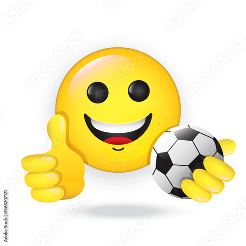 Football fan emoji. Vector cartoon cute emoticon smiles holding thumb up, plays with soccer ball. Yellow emoticon for internet chats, sports bars. Isolated icon for mobile apps, social media, web
