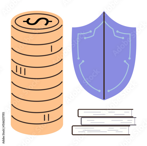 Coins symbolize wealth, shield suggests protection, and books convey knowledge. Ideal for finance, savings, investment, education, security strategy and stability concepts. Simple flat metaphor