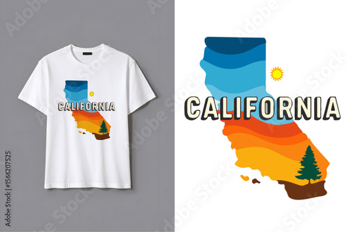 California T-Shirt Design – Colorful State Map Typography Graphic with Mockup Template.