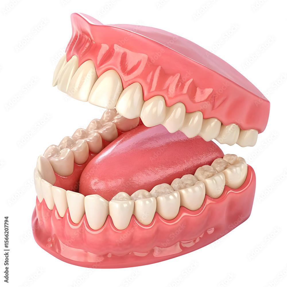 Obraz premium Close up view of a human mouth with open jaws showing healthy teeth and tongue isolated on transparent background