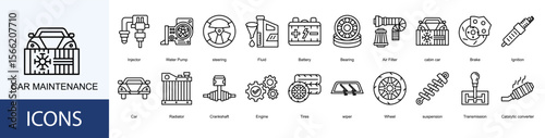 Car Maintenance icon collection set. Containing Injector, Water Pump, steering, Fluid, Battery, Bearing icon