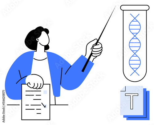 Researcher presenting findings with a document and pointing to a DNA diagram in a test tube. Ideal for science, research, education, biotech, healthcare, presentations, simple landing page