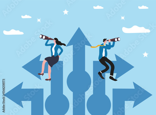 Businessman woman look through telescope and spyglass, vision to see success direction in uncertainty, change or leadership to make decision, planning or discovery challenge, search for opportunity