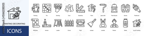 Painting Decorating icon collection set. Containing Painting, Tile, Sanding, Dust, Swatches, Paint, paint roller icon
