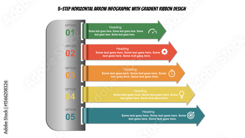 5-Step Horizontal Arrow Infographic with Gradient Ribbon Design. Fully editable modern infographic vector elements SVG file compatible with PowerPoint, Illustrator, and most vector-based applications.
