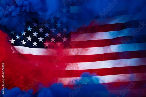 American flag with red, white, and blue smoke