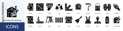 Painting Decorating icon collection set. Containing Painting, Tile, Sanding, Dust, Swatches, Paint, paint roller icon