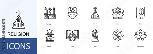 Religion icon collection set. Containing Synagogue, muslim, Church, Judaism, Bible icon