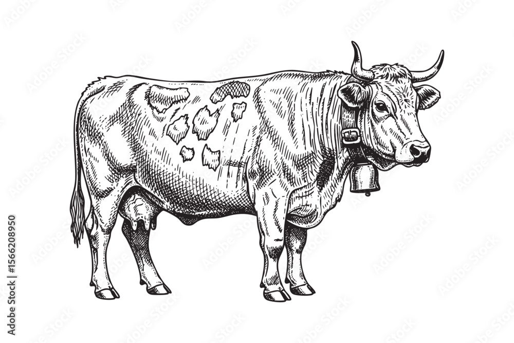 Fototapeta premium Dairy Cow with Bell Vector Engraving Illustration