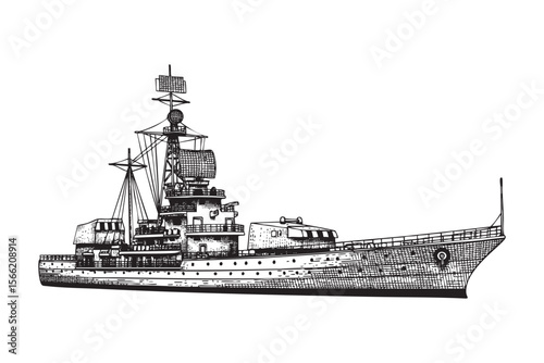 Large Naval Warship Vector Engraving Illustration