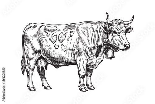  Dairy Cow with Bell Vector Engraving Illustration


