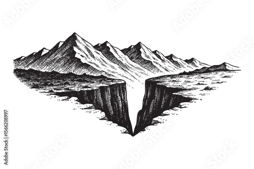Grand Mountains and Deep Canyon Vector Engraving Illustration