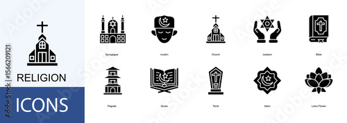 Religion icon collection set. Containing Synagogue, muslim, Church, Judaism, Bible icon