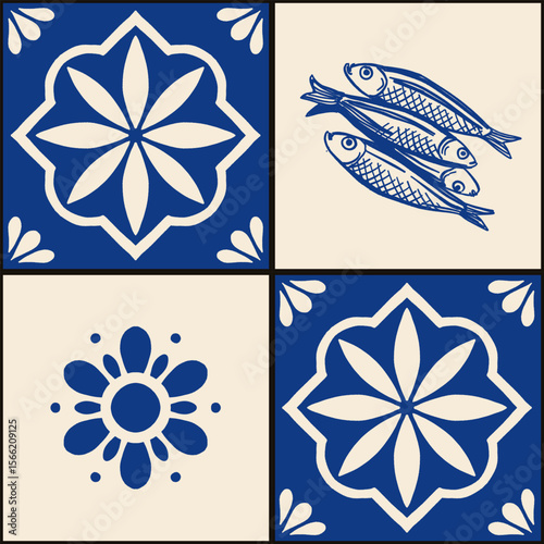 Mediterranean ceramic tiles seamless pattern. Azulejo arabesque. Portuguese, Spanish, Turkish, Indian, Islamic, Arabic decor. Geometrical and floral traditional national ornament. Vector illustration.