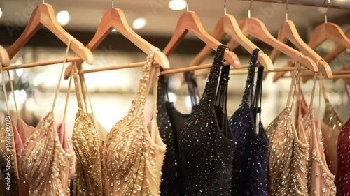 Close up of elegant dresses hanging on wooden hangers in a clothing store or fashion boutique
