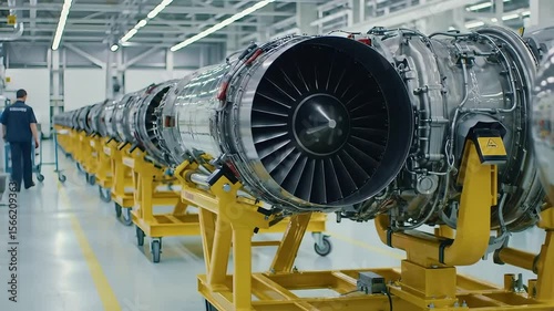 Assembly line showcases the manufacture of modern turbine engines in a factory setting