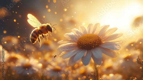 Honeybee in flight amongst wildflowers at sunrise.