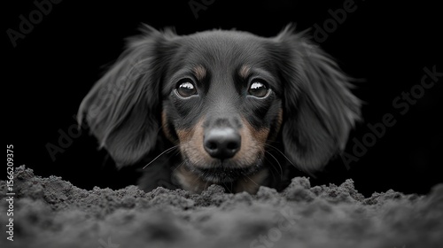 Close-up of a black dachshund puppy peeking from the ground.