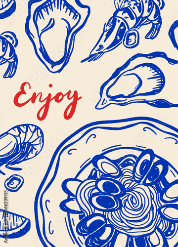 Hand drawn seafood poster in Mediterranean style featuring lobster, sardines, oysters, shrimps, and lemon. Vintage blue line art perfect for restaurant menus and gourmet branding.