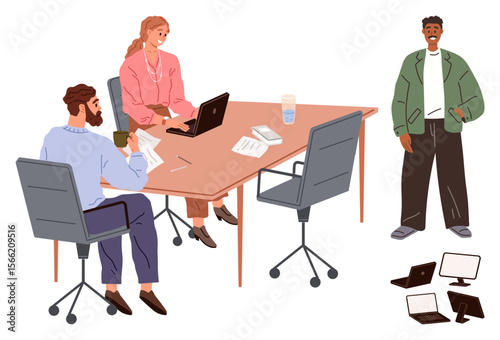 Business team discussing ideas at a table with laptops, papers, and coffee, while greeting a casual visitor. Ideal for teamwork, office culture, collaboration, communication, productivity project