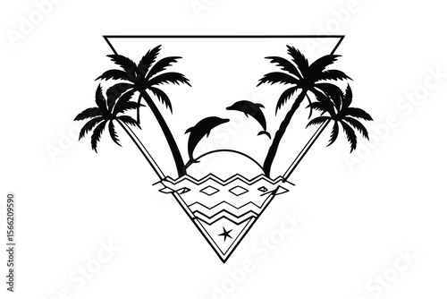 tropical palm trees, dolphins jumping in waves, minimalist silhouette style, blue sky background, 
black and white with blue accents, high contrast, simple geometric shapes, clean and modern design