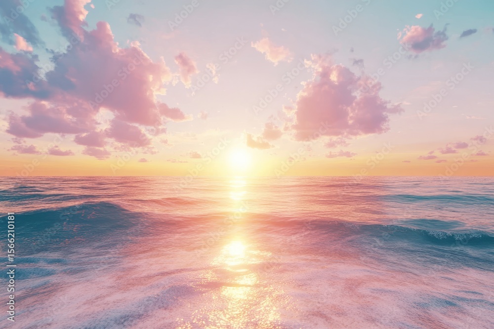Obraz premium Beautiful sunset over calm sea with vibrant colors and serene waves reflecting the sunlight, sun and sea sunset background seamless overlay virtual Photo background