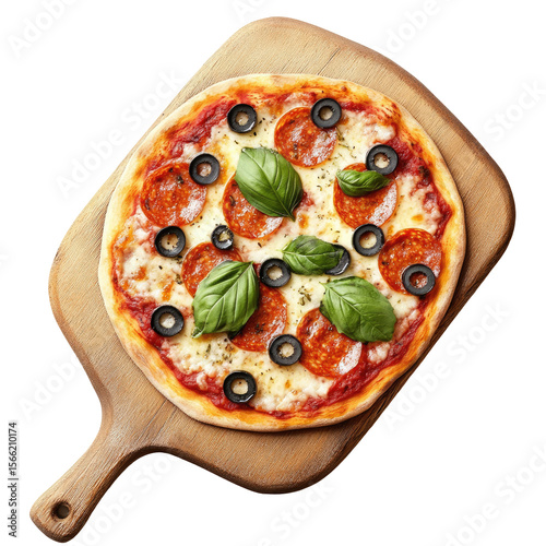 Margherita pizza with black olives and basil. Centered on a wooden peel over white. Comfort food and shared enjoyment. Ideal for restaurant menus, ads, and recipe blogs.