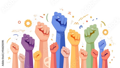 Many raised fists of diverse colors show unity and strength