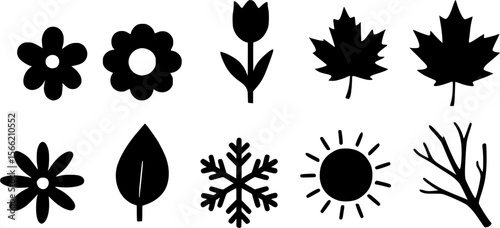 Collection of Nature Icons Flowers, Leaves, Sun, and Snowflake Silhouettes