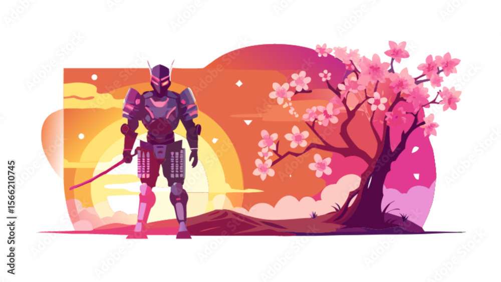 Obraz premium Cyberpunk samurai robot warrior with katana sword and cherry blossom tree oriental landscape vector art