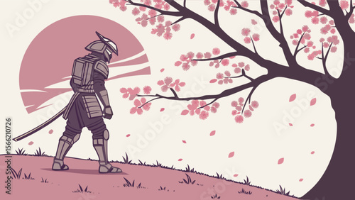 Samurai warrior in cherry blossom garden japanese art illustration vector design artwork drawing art print design